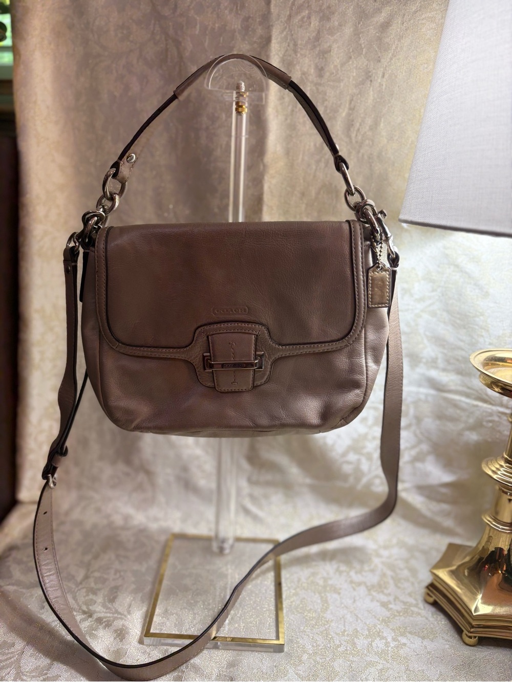 Coach Taylor Flap Handbag Champagne Leather with Adjustable Crossbody Strap